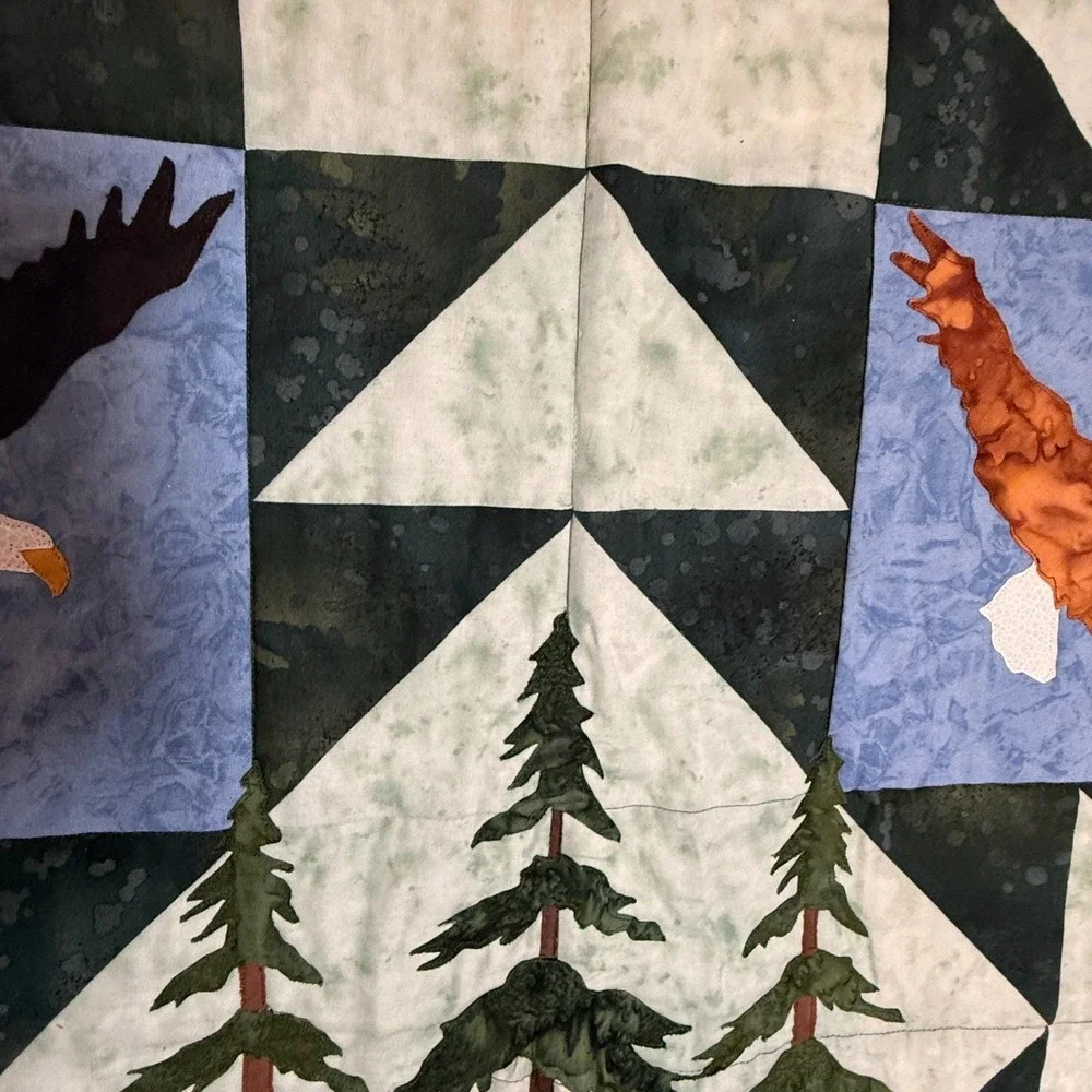 Handmade Wall Quilt Fiber Art, Eagles, Pine Forest Cabincore Lodge, Nature Lover